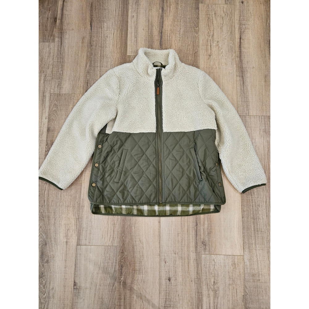 Coldwater Creek Sherpa Quilted Jacket Women's M Olive Green Plaid Lined Full Zip
